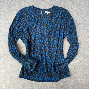 Burberry Brit Womens Blouse Black & Blue Print Long Sleeve Loose Fit Size Large